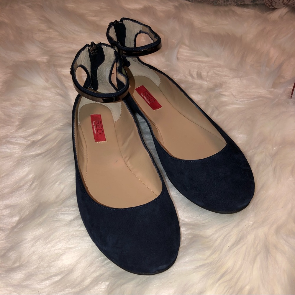 Saks Fifth Avenue Navy Suede Ankle Strap Flats